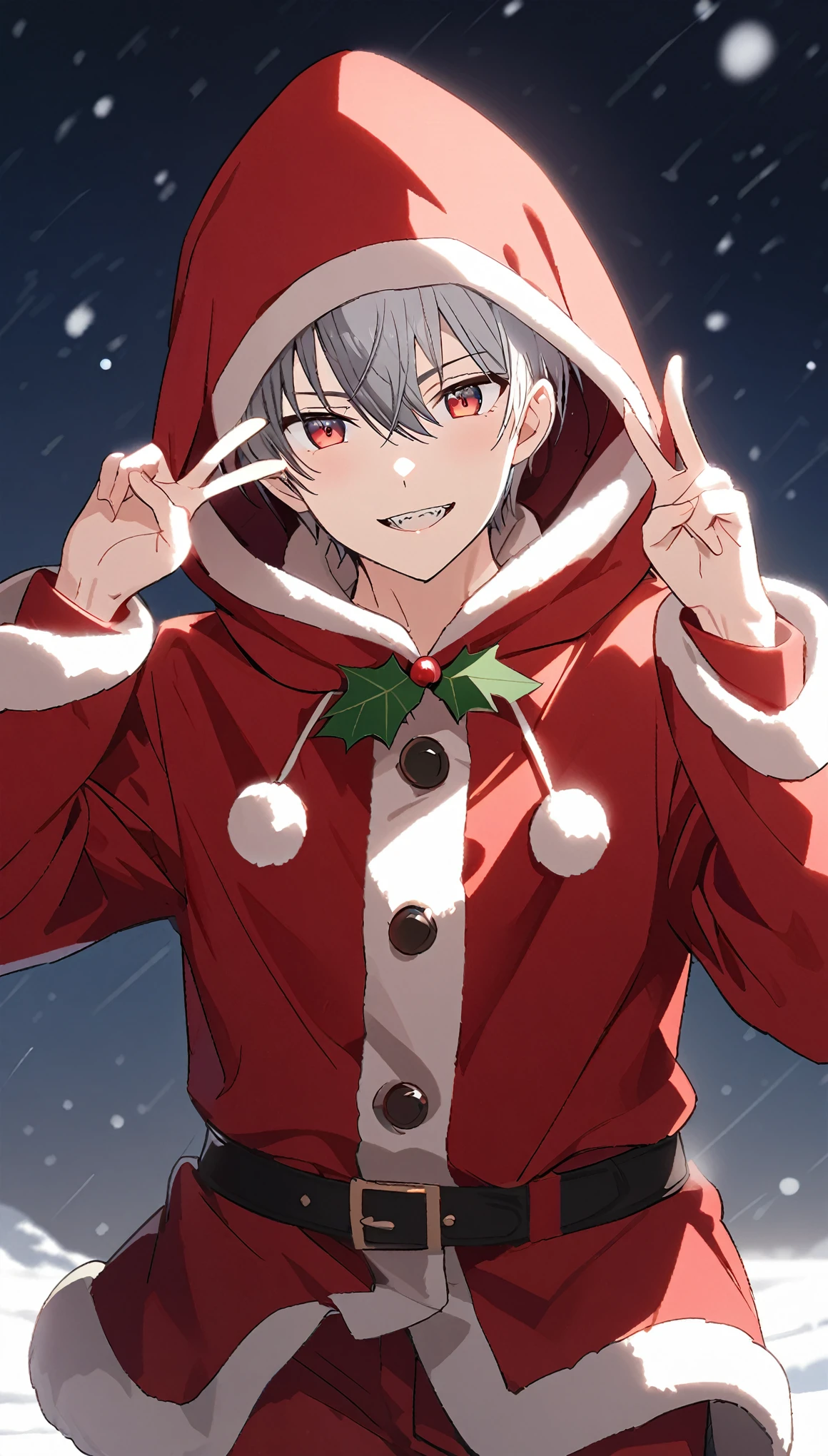 good looking, Alone, 1 male, Gray Hair, Red eyes, Long sleeve, Werewolf Cosplay, noon, White Light,cute目,Short hairstyle,cute,Snow Background,winterの背景,A sparkling view,bright,Looking at the camera,Making a peace sign,winter, Have double teeth,Santa clothes,Santa Costume,Santa clothes装,wearing a hood