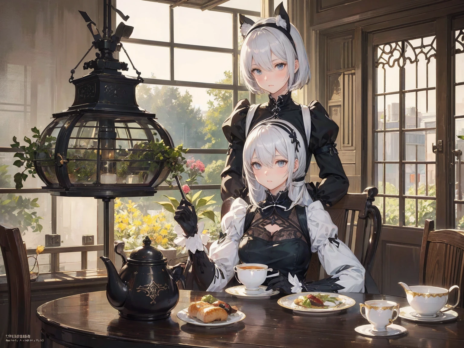 Automataにインスパイアされた、Nier Automata Characters、Nier Automata Cosplay、(High resolution、4K、Please redeem) Inspired by Nier、黒い服を着たgirl: Automata、girl、Delicate and beautiful silvery white hair、Beautiful lip detail、And highly detailed faces with fine skin texture、She is sitting in a chair in a brightly colored garden、Blooming Flowers々Surrounded、The garden is lit by soft natural light..、The English garden creates a peaceful atmosphere、girlの黒い衣装は光沢のある革素材で作られています、Gives a stylish and futuristic look、She has a teacup in her hand、Reflects sunlight、The cup is elaborately decorated、Craftsmanship shines through、girlの風になびく髪、Elegant tea time、Add a tranquil atmosphere、Well decorated table, Chairs and tea utensils、The overall image is realistic and photorealistic、Sharp focus and vibrant colors、Increase visual impact、This artwork is from Nier : Automataの本質を捉えており、Paying homage to the iconic character 2b
