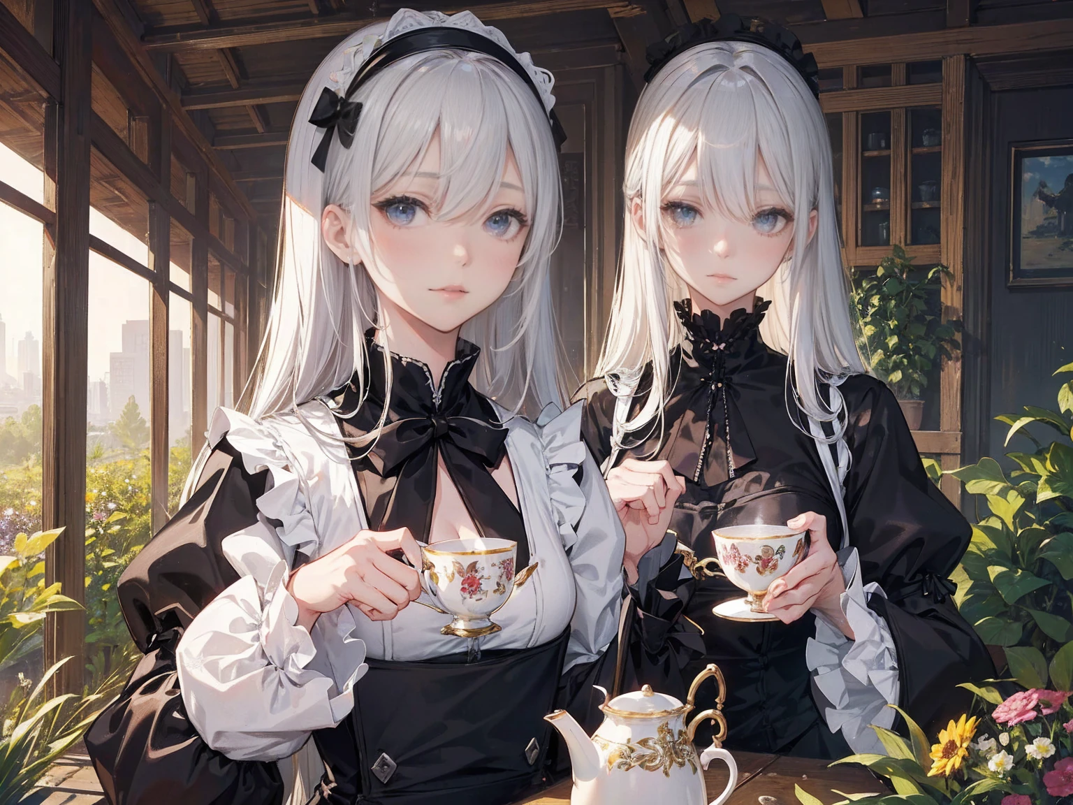 Automataにインスパイアされた、Nier Automata Characters、Nier Automata Cosplay、(High resolution、4K、Please redeem) Inspired by Nier、黒い服を着たgirl: Automata、girl、Delicate and beautiful silvery white hair、Beautiful lip detail、And highly detailed faces with fine skin texture、She is sitting in a chair in a brightly colored garden、Blooming Flowers々Surrounded、The garden is lit by soft natural light..、The English garden creates a peaceful atmosphere、girlの黒い衣装は光沢のある革素材で作られています、Gives a stylish and futuristic look、She has a teacup in her hand、Reflects sunlight、The cup is elaborately decorated、Craftsmanship shines through、girlの風になびく髪、Elegant tea time、Add a tranquil atmosphere、Well decorated table, Chairs and tea utensils、The overall image is realistic and photorealistic、Sharp focus and vibrant colors、Increase visual impact、This artwork is from Nier : Automataの本質を捉えており、Paying homage to the iconic character 2b
