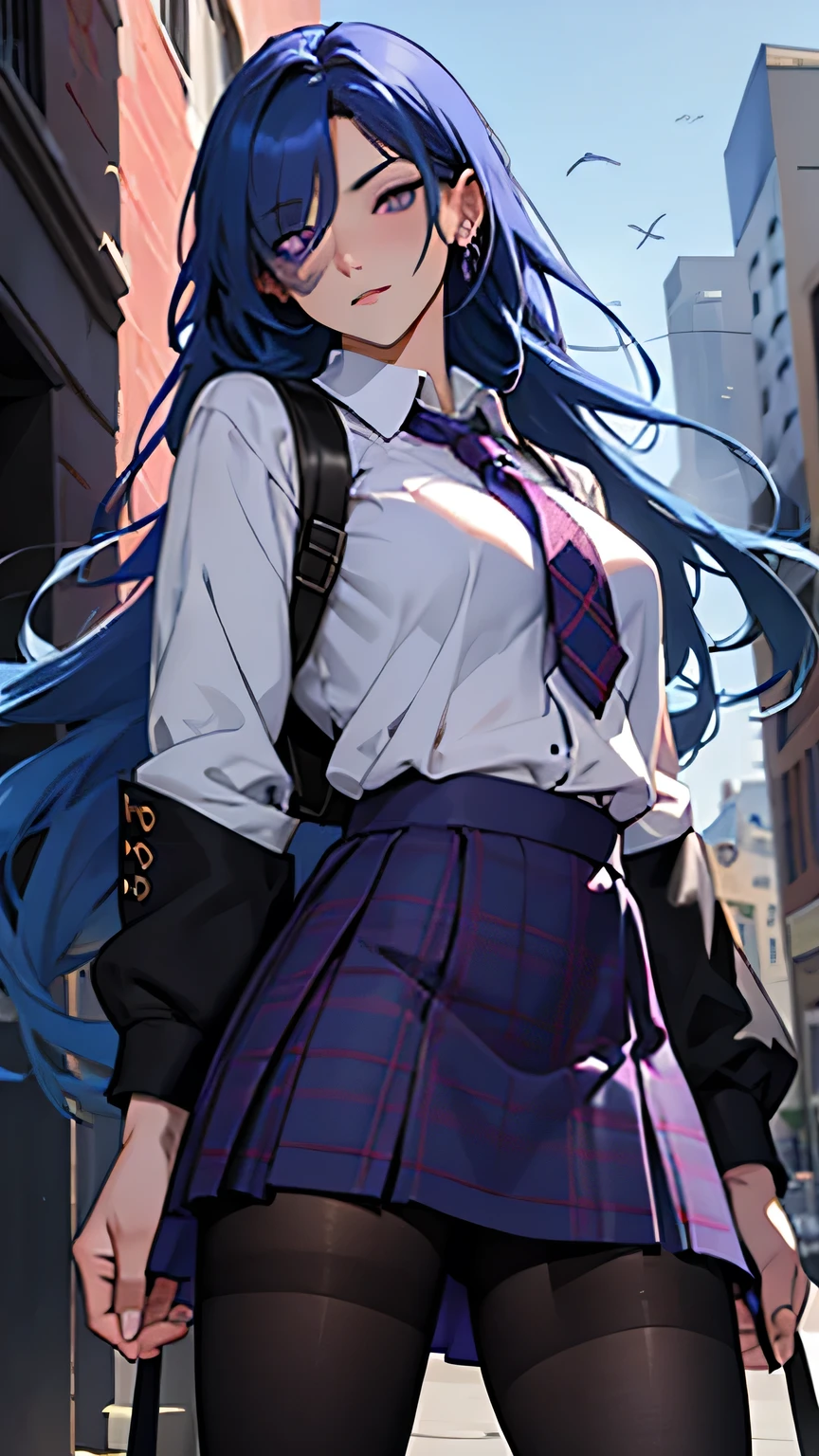 1house wife, blue hair, long hair, straight hair, covering one eye, ribbon, purple eyes, longeyelashes, large breasts, school uniform, plaid skirt, miniskirt, black pantyhose, panties under pantyhose, aroused, Ready your sword, in the city, midnight sky, award winning, high details, super detail, textured skin, anatomically correct