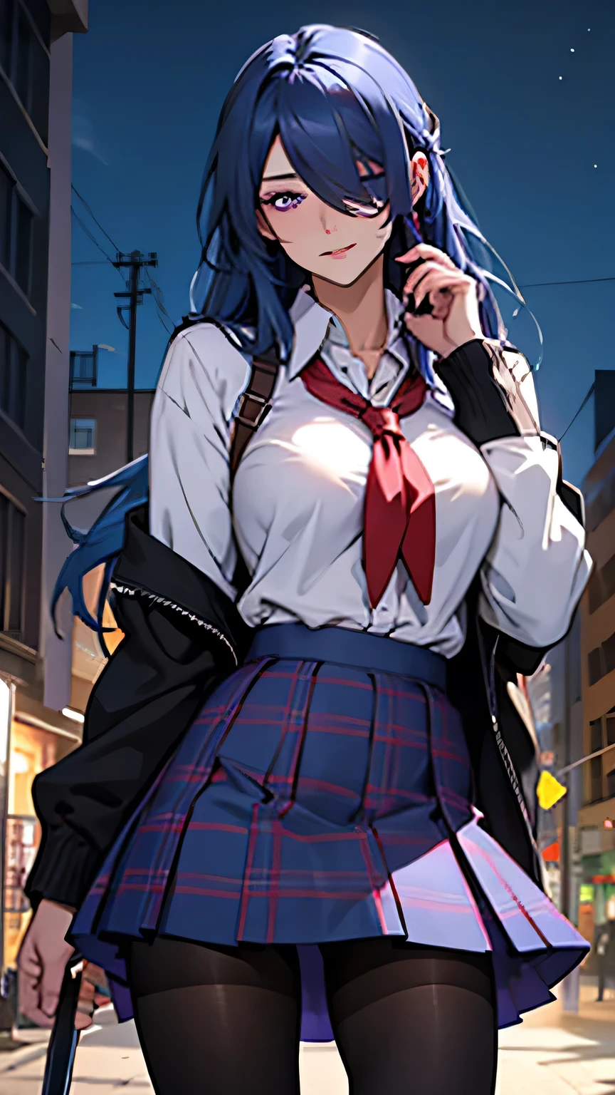 1house wife, blue hair, long hair, straight hair, covering one eye, ribbon, purple eyes, longeyelashes, large breasts, school uniform, plaid skirt, miniskirt, black pantyhose, panties under pantyhose, aroused, Ready your sword, in the city, midnight sky, award winning, high details, super detail, textured skin, anatomically correct