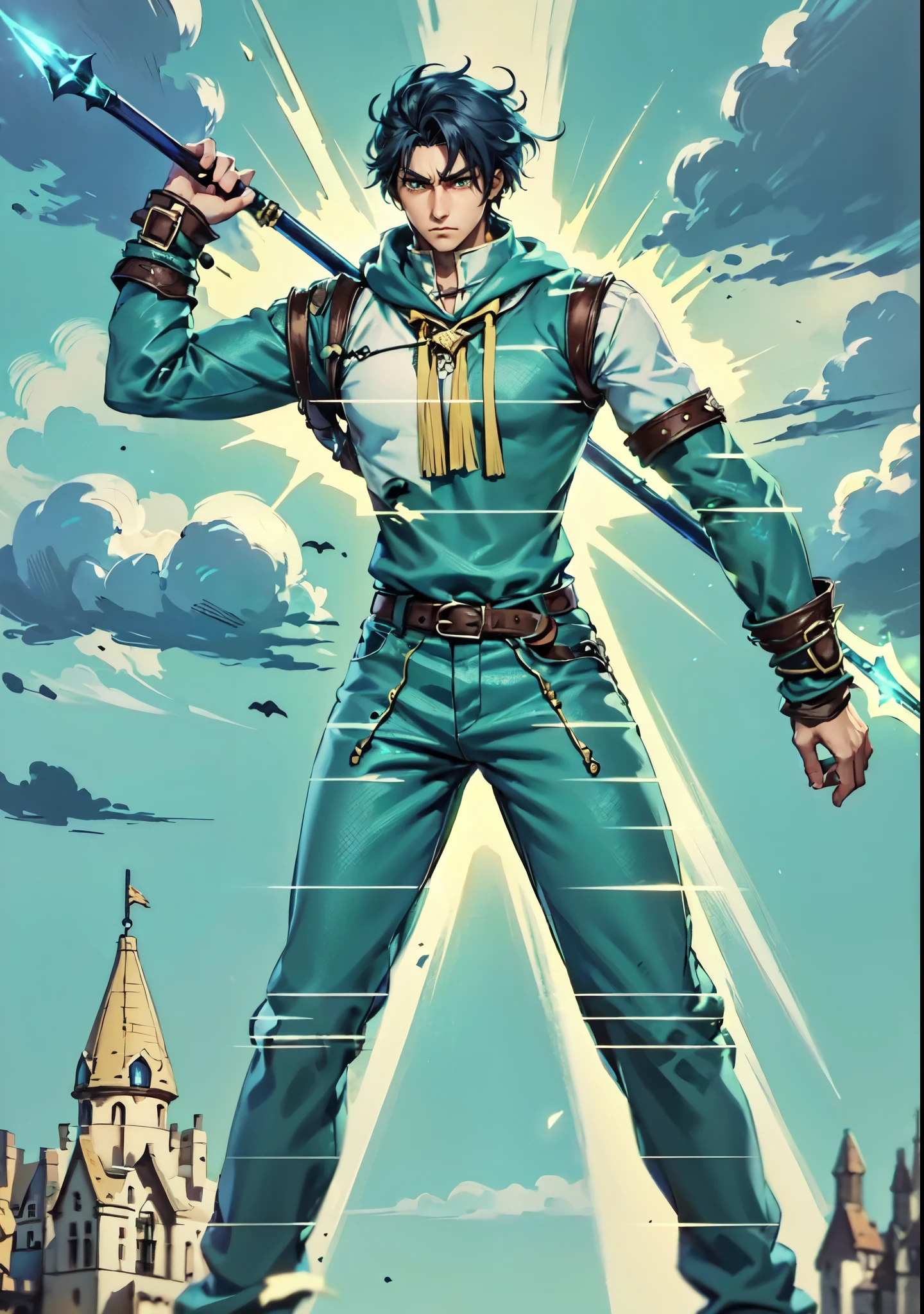 (masterpiece:1.2, best quality:1.2, extremely delicate:1.2), ((male:1.5)), a young man with messy blue short hair, three deep claw scars on his face, drooping eyelids, a lethargic expression, a faint smile, a tall and robust build, a blue-green fantasy-realism style shirt with a hood, one sleeve and the other side sleeveless, heavy iron wristbands, a belt, blue jeans, his right hand holds a spear behind his back, stands casually in front of the city gate, this character embodies a finely crafted fantasy-realism style speaghter in anime style, exquisite and mature manga art style, dramatic, high definition, highres, ultra-detailed, ultra-fine painting, professional, perfect body proportions, golden ratio, anatomically correct, symmetrical face, extremely detailed eyes and face, high quality eyes, creativity, RAW photo, UHD, 32k, Natural light, cinematic lighting, (masterpiece-anatomy-perfect:1.2)