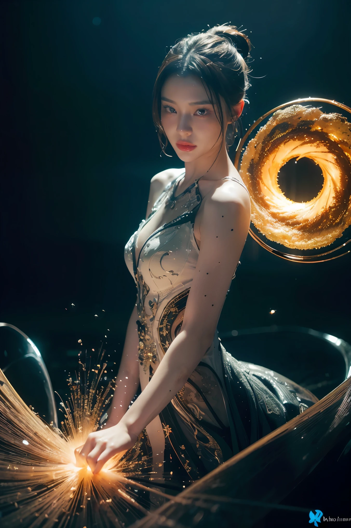 ((masterpiece, best quality)), ultra detailed 8k, photorealistic, sharp focus, highly detailed, professional lighting , shadowmancer, photo of a woman, ink particle, ((swirling black ink floating around)), futuristic fantasy, futuristic white dress, dynamic pose, realistic, masterpiece, intricate details, detailed background, depth of field,