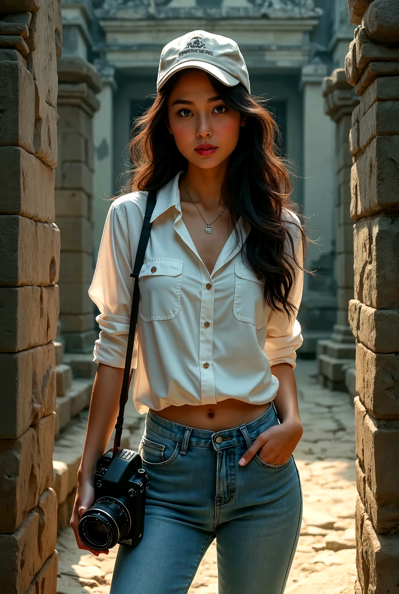 Arafed woman in a white shirt and jeans posing for a picture - SeaArt AI