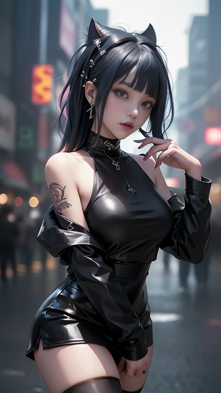 visage d'une fille sexy, headphone, navel ouvert, tenue cuir, magnifique visage japonais, tenue cyberpunk, blue & green long hair in wind, Gbig smile, Multicolored lights, Contexte Cyberpunk City, de nuit, half the body, studio mannequin photoréaliste 8k, (gros sein:1,9), body tatouage,