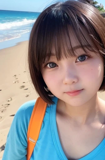 Red cheeks、shy、Light clothing、Sandy Beach、Beautiful girls、cute、short hair、20 years old、Round face、smile、Her breasts are large、Beautiful Eyes、Angry face、Clean hands