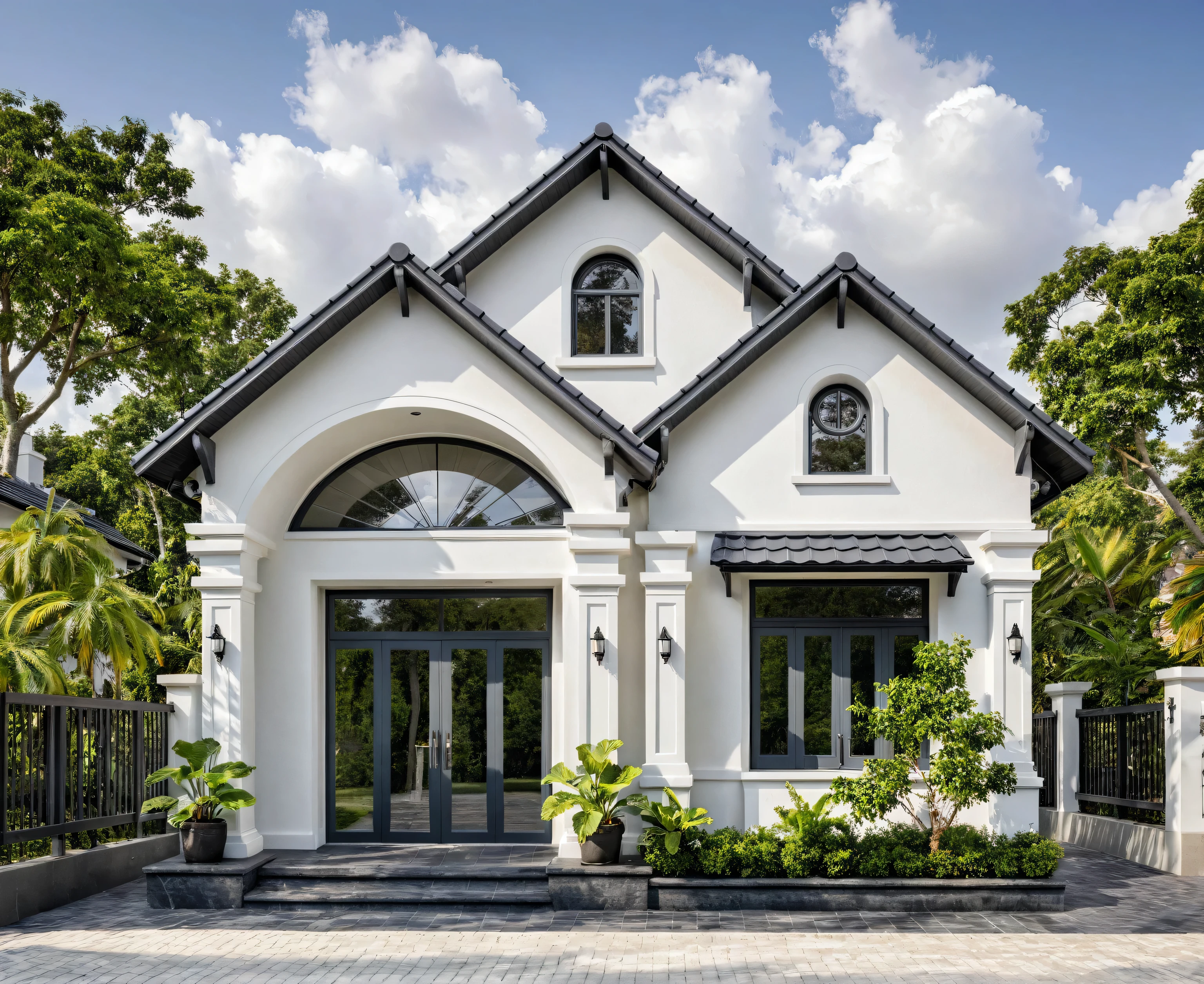 (masterpiece:1.2), best quality, photo of A two-story modern house with white walls and dark gray tiles on the roof., tree and plant, streetcapes, natural light, The exterior of an elegant single family home features large windows, a dark gray door frame.