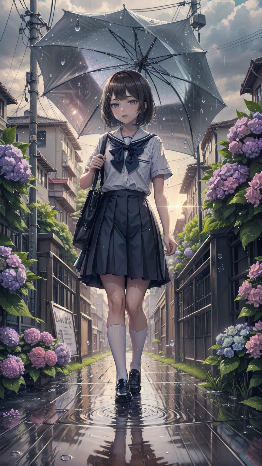 (Alone), cute (One Girl) walk,path,[From below:1.2],Brown Hair,Short hair sign,Brown eyes,puddle,Water reflection,rain,Floating Droplets,Hydrangea,(Blurred foreground),Dynamic Angle,asphalt,(blue sky),Lens Flare,school uniform,(Sparkling:1.2)
