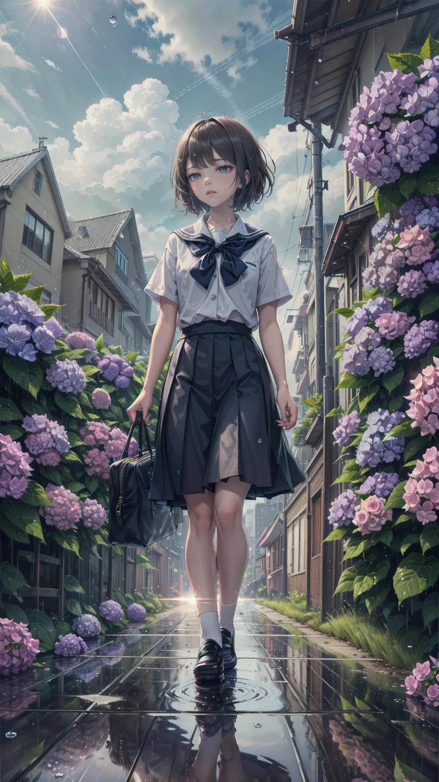 (Alone), cute (One Girl) walk,path,[From below:1.2],Brown Hair,Short hair sign,Brown eyes,puddle,Water reflection,rain,Floating Droplets,Hydrangea,(Blurred foreground),Dynamic Angle,asphalt,(blue sky),Lens Flare,school uniform,(Sparkling:1.2)
