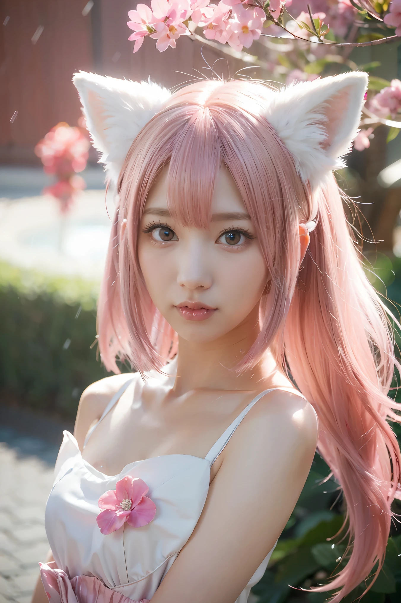 Nine snow-white fox tails (1.0), milky fox tail (1.0), fox close-up of nine tails, nine-tails, nine-tails, anime girl with pink hair and pink dress with flowers on her hair, very beautiful anime fox girl, beautiful anime fox girl, beautiful fantasy anime, guweiz, anime girl with fox ears, beautiful anime girl, very beautiful and cute fox girl, pink flower rain, background blur, anime style 4 K, anime fantasy artwork, 4k anime wallpaper, Artwork in the Guvez style