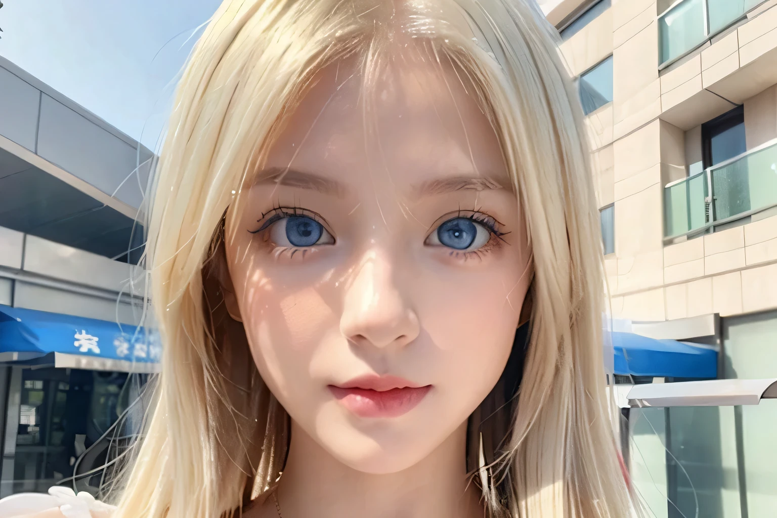 One beautiful girl、Portrait、、blue sky、bright and beautiful babyface、young, super Very white shiny skin、The best beauty、Super long blonde hair with dazzling light reflections、Beautiful natural platinum blonde super long silky straight hair、long bangs between the eyes,、Extraordinarily beautiful 1、Large, shining, clear, light blue eyes、Very big eyes、Small Face Girl、round face、Cheek gloss highlight