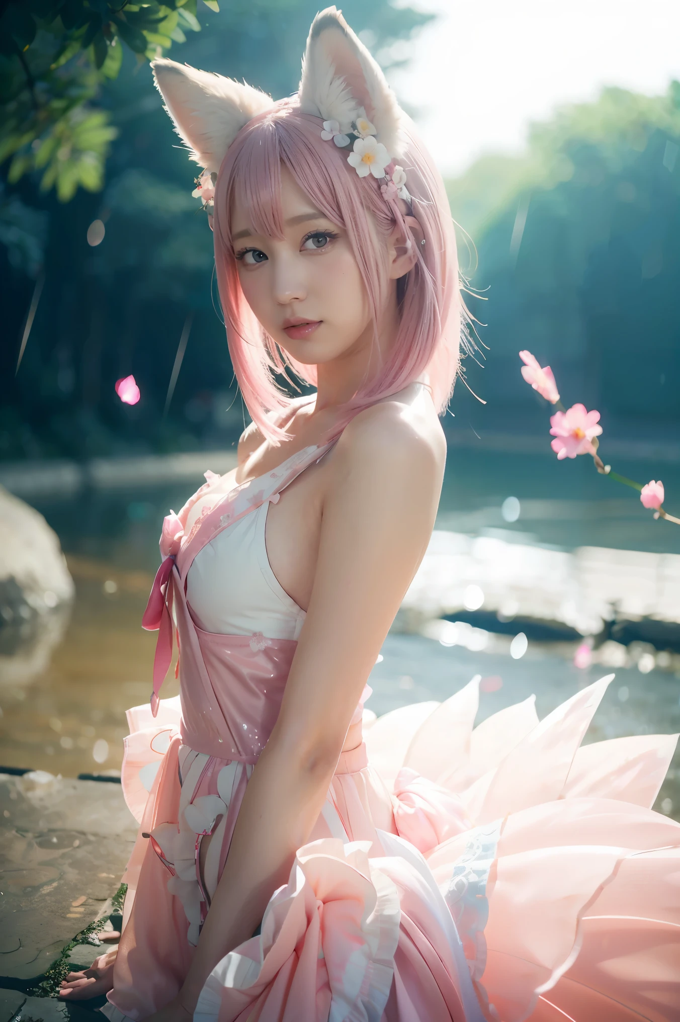 Nine snow-white fox tails (1.0), milky fox tail (1.0), fox close-up of nine tails, nine-tails, nine-tails, anime girl with pink hair and pink dress with flowers on her hair, very beautiful anime fox girl, beautiful anime fox girl, beautiful fantasy anime, guweiz, anime girl with fox ears, beautiful anime girl, very beautiful and cute fox girl, pink flower rain, background blur, anime style 4 K, anime fantasy artwork, 4k anime wallpaper, Artwork in the Guvez style