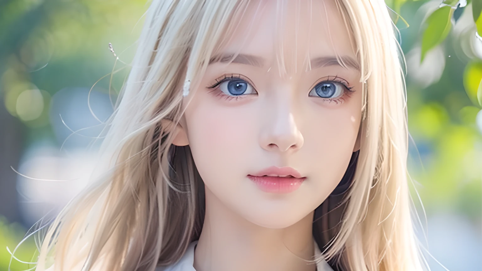 One beautiful girl、Portrait、、blue sky、bright and beautiful face、young, super Very white shiny skin、The best beauty、Super long blonde hair with dazzling light reflections、Beautiful natural platinum blonde super long silky straight hair、long bangs between the eyes,、Extraordinarily beautiful 1、Large, shining, clear, light blue eyes、Very big eyes、Smale Girl、round face、Cheek gloss highlight