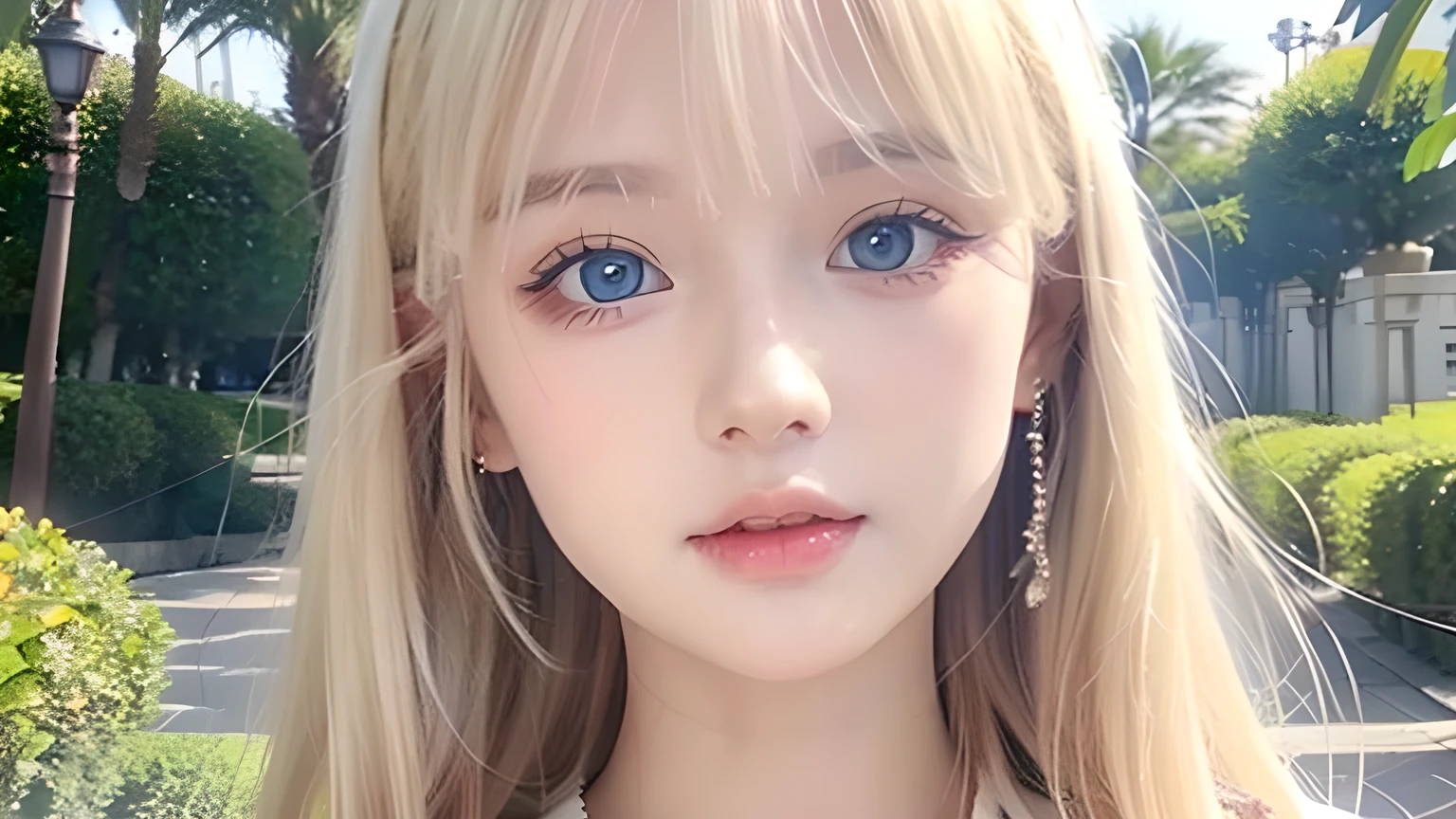 One beautiful girl、Portrait、、blue sky、bright and beautiful face、young, super Very white shiny skin、The best beauty、Super long blonde hair with dazzling light reflections、Beautiful natural platinum blonde super long silky straight hair、long bangs between the eyes,、Extraordinarily beautiful 1、Large, shining, clear, light blue eyes、Very big eyes、Smale Girl、round face、Cheek gloss highlight