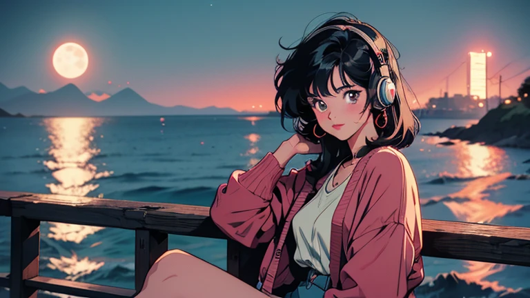 Bob Hair, girl, 90s Vintage, Romance Anime Style, cardigan, Lip gloss, Headphones　Red casual outfit　The background is the midnight sea　sitting on the beach　A glittering cityscape on the other side of the sea　The neon moon is shining