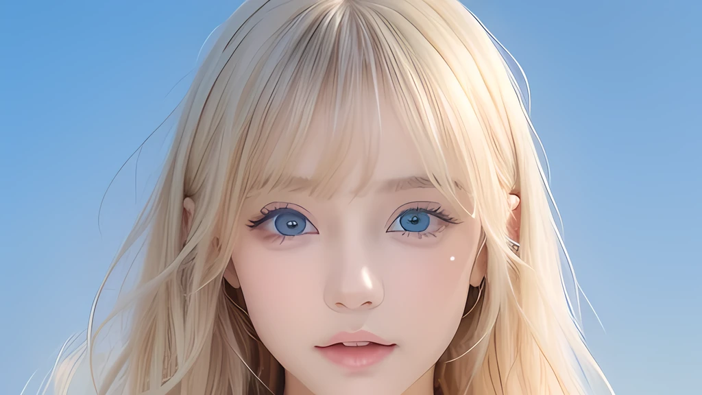One beautiful girl、Portrait、、blue sky、bright and beautiful face、young, super Very white shiny skin、The best beauty、Super long blonde hair with dazzling light reflections、Beautiful natural platinum blonde super long silky straight hair、long bangs between the eyes,、Extraordinarily beautiful 1、Large, shining, clear, light blue eyes、Very big eyes、Smale Girl、round face、Cheek gloss highlight
