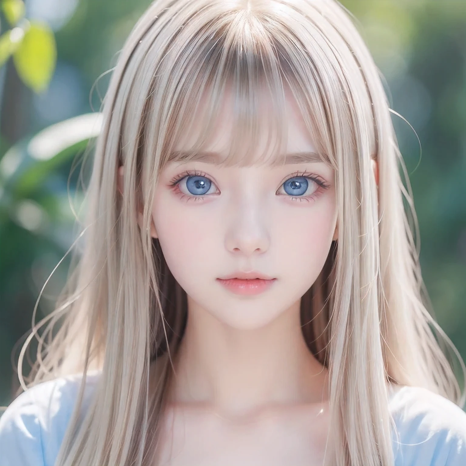 One beautiful girl、Portrait、、blue sky、bright and beautiful babyface、young, super Very white shiny skin、The best beauty、Super long blonde hair with dazzling light reflections、Beautiful natural platinum blonde super long silky straight hair、long bangs between the eyes,、Extraordinarily beautiful 1、Large, shining, clear, light blue eyes、Very big eyes、Small Face Girl、round face、Cheek gloss highlight