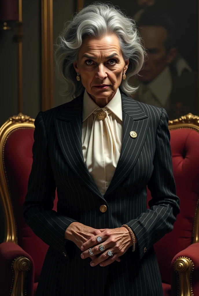 old woman in Mafia boss costume