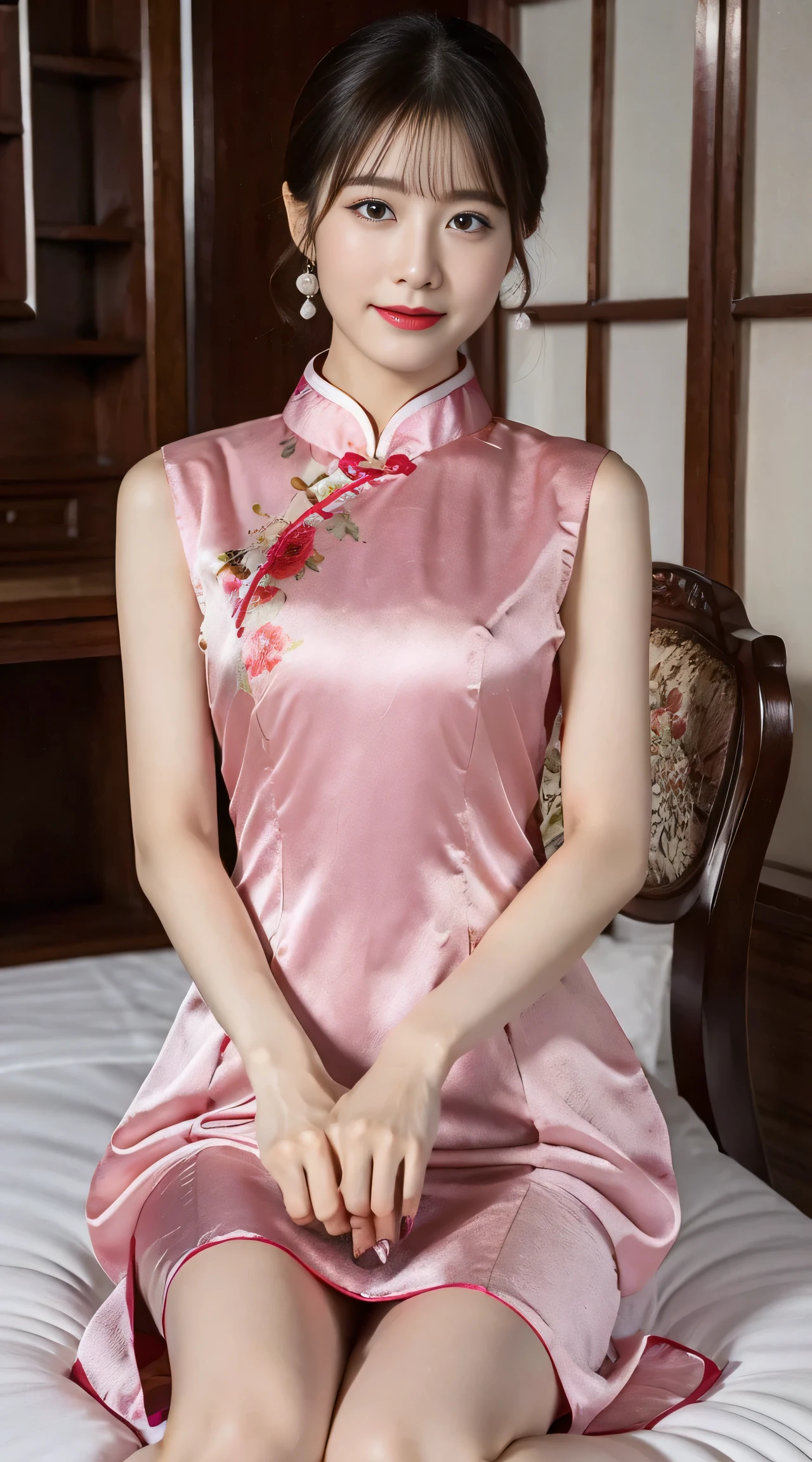 Best Quality、Best image quality、Highest Resolution、Super detailed、Chinese clothing、Short sleeve Chinese dress、Sit on a chair、The material of the Chinese dress is satin, Shiny, Soft and smooth to the touch.、(tight) Chinese dress、Chinese dressロング、Goes up to the ankles.、No underwear、 D cup chest、Full-body shot so that your face is visible、One theme、On the bed, Large Breasts, BLANCING