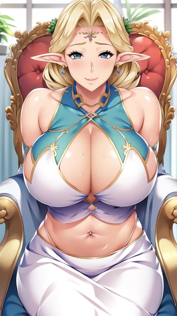 cleavage,curtains, sitting on throne, crown, painting (object), window, still life, stairs, indoors, portrait (object), chair,
white dress,cape, cleavage,
earrings, elf,jewelry, long pointy ears, 
blonde hair,blue eyes,Bangs,circlet,single braid, 
1 girl, 20yo,Young female,Beautiful Finger,Beautiful long legs,Beautiful body,Beautiful Nose,Beautiful character design, perfect eyes, perfect face,expressive eyes,perfect balance,
looking at viewer,(Focus on her face),closed mouth, (innocent_big_eyes:1.0),Light_Smile,
official art,extremely detailed CG unity 8k wallpaper, perfect lighting,Colorful, Bright_Front_face_Lighting,shiny skin, 
(masterpiece:1.0),(best_quality:1.0), ultra high res,4K,ultra-detailed,
photography, 8K, HDR, highres, absurdres:1.2, Kodak portra 400, film grain, blurry background, bokeh:1.2, lens flare, (vibrant_color:1.2),professional photograph, 
(Beautiful,huge_Breasts:1.4), (beautiful_face:1.5),(narrow_waist),touching bellybutton, dick in the bellybutton, navel play, belly, belly button focus, belly focus, the object inside bellybutton, bellybutton, bellybutton, belly button, touching belly, someone touching her belly, someone fucking her belly button, navel play, playing with navel, rubbing navel.