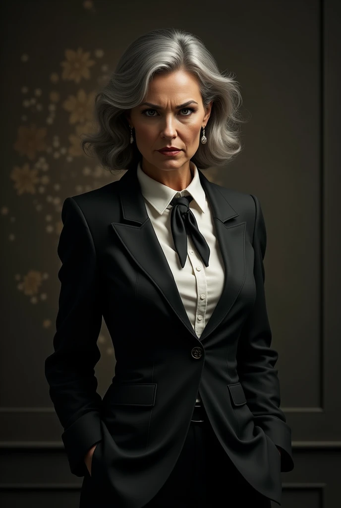 mature woman in Mafia boss costume