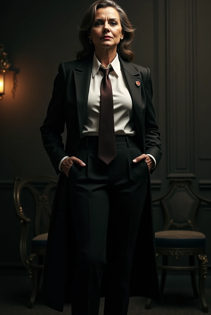 mature woman in Mafia boss costume