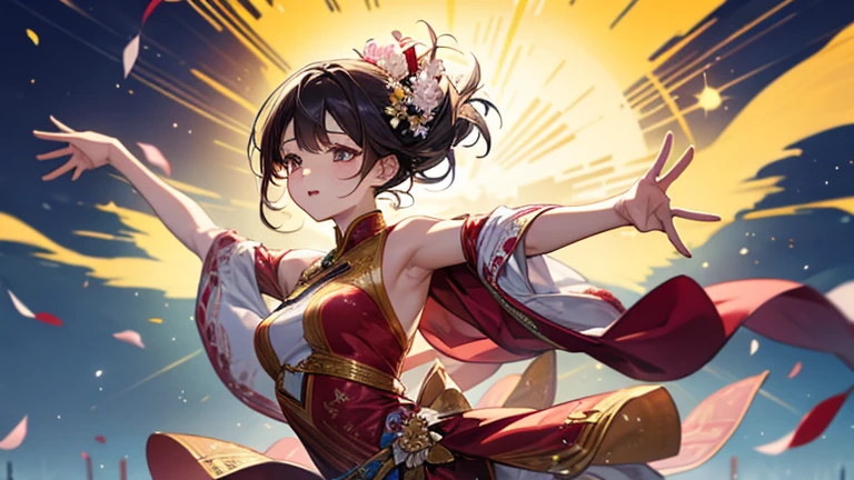(RAW Photo, Best Quality), (Realistic, Photo Realistic: 1.3), Best Quality, Highly Detailed, Masterpiece, Ultra Detailed, 1 Girl, mini skirt,Thin and long legs,Heeled sandals,An ancient Chinese beauty, wearing an ancient Chinese Tang costume,Extremely Detailed CG Unified 8k Wallpaper, Amazing, World Mastery Theater, messy_long_hair, Best Quality, Extremely Detailed CG Unified 8k Wallpaper, Ink, Amazing, Movie Lights, lens_flare, dunhuang_style, Detailed Face, Beautiful Rendering of Tang Dynasty, (Deliberate expression: 1. 5), Standing in a flower field, (Looking up at the stars: 1.2), Fireflies , sony master shot, inspired by Fei Danxu, brown hair and bangs, hi-res screenshot, normal hands, vivid colors, nice studio lighting, vhs screenshot, beautiful fine face,