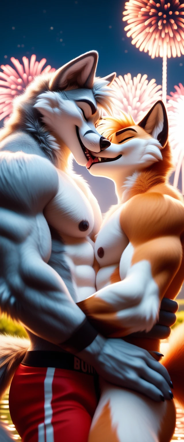 score_9, score_8_up, score_7_up, highly detailed 3D scene featuring a romantic gay kiss between a muscular wolf and fox. Both characters should have strong, defined physiques, with the wolf having a broad chest and the fox slightly more slender but equally toned. The scene is set on a bridge at night, with vibrant fireworks lighting up the sky in the background, creating a magical and celebratory atmosphere. The wolf gently holds the fox as they share a passionate, tender kiss on the lips, their eyes closed, fully immersed in the moment. The lighting should be soft, with the fireworks reflecting off the water below the bridge, adding a warm, romantic glow to their fur and bodies. Their connection should feel intimate and emotional, capturing the beauty of love between these two characters. LGBT couple, hentai yaoi,