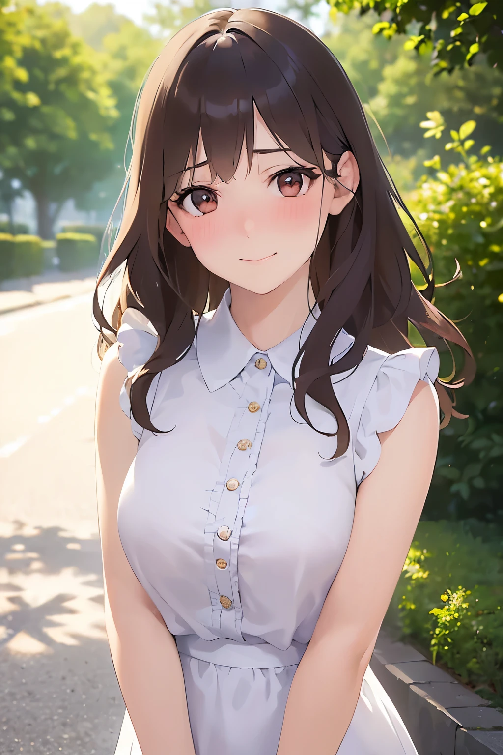 1人、a lole bow、((downblouse)), small breasts, under boobs, a picture、realisticlying、top-quality、adopt、A detailed face、细致背景、diffuse sunlight、depth of fields、Bokeh、embarassed expression, smile, closed mouth, upper body portrait, (see-through), (bare chest)