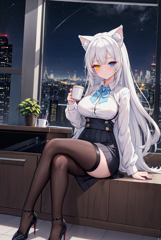 Hool'Heyak(Arknights),grey hair,feather ears, big breast,big thighs,very big tail,sitting on balcony, sipping a coffee, eyes closed, midnight background, midnight setting,nsfw.