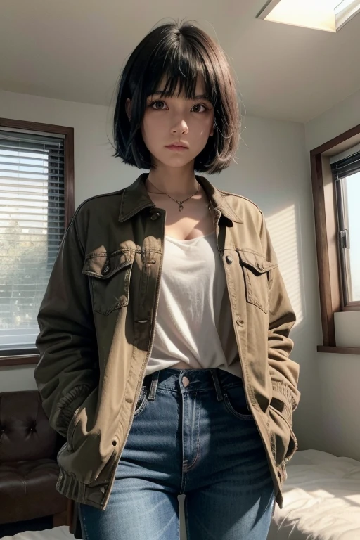 ((Are standing)) , (Hands on knees) , Leaning forward , masterpiece , Highest quality , Very detailed , (15-year-old female)、Blonde、Short Hair、Earrings