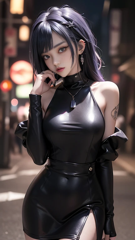 4K Ultra Sharp、Highest quality, masterpiece, Ultra-high resolution, (reality: 1.4), 16-year-old girl, Purple eyes, Off-the-shoulder sweater dress, Cinema Lighting、purple and black hair、(Mine Girl、Goth Makeup、Mine Make-up)、(Earrings、Big Breasts、An oversized black t-shirt with open shoulders、Dark mini skirt)、((Heavy makeup、Oilskin,Glowing Skin、Realistic skin texture、Beautiful skin in every detail、Shiny skin)), Dark downtown at night、night、blue film photography、Dark Cyberpunk、(Full Shot:1.8)、Thin legs、Thin arms、Narrow shoulders、Narrow waist、Slender body、微Big Breasts、whole body、Compact Short、Calm pose