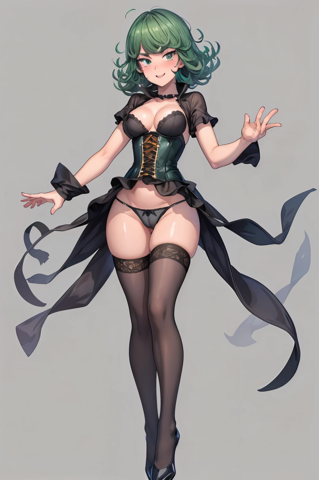high resolution, 8K, top-notch picture quality, photogenic clarity, vivid colors, detailed, best quality, 8K, 12), vivid colors, HDR, studio lighting, masterpiece, very high quality, high resolution KelvinHiuArtist, masterpiece, best quality: 1.2), tatsumaki, mouth closed, looking at the audience, floating in the air, appearing (WeChat), (corset) (cleavage), (panties appearing), (80% transparent panties), ((plain background)), smile, ((full body)), ((full body)), character sheet,