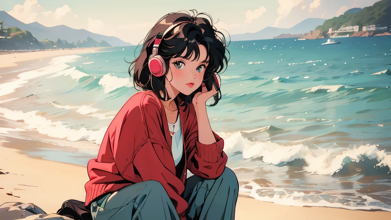 Bob Hair, girl, 90s Vintage, Romance Anime Style, cardigan, Lip gloss, Headphones　Red casual outfit　The background is the sea　sitting on the beach