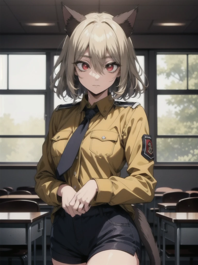 (red eyes:1.5), animal ears, hair between eyes, tail, blonde hair, HUSchrödinger, boy, Black cat ears, Yellow military uniform, tie, cat tail, curly hair, long sleeves, shorts, looking at viewer,indoors, classroom, (cowboy shot:1.5),
(masterpiece:1.2), best quality, high resolution, unity 8k wallpaper, (illustration:0.8), (beautiful detailed eyes:1.6), extremely detailed face, perfect lighting, extremely detailed CG, (perfect hands, perfect anatomy),ぐりん