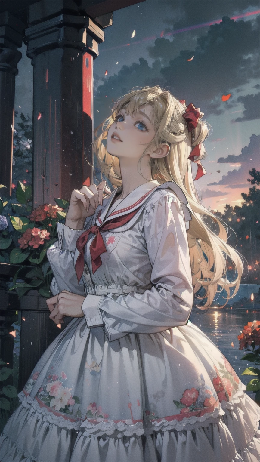 Best Quality,masterpiece,Watercolor style,girl,blonde,blue eyes,White Dress,Red Ribbon Hydrangea,after the rain,rainbow,Looking up at the sky,smile,The light spreads,White Dress,Sailor collar,Long sleeve,Dark blue on the cuff,Line on the cuff,,Shortcuts,