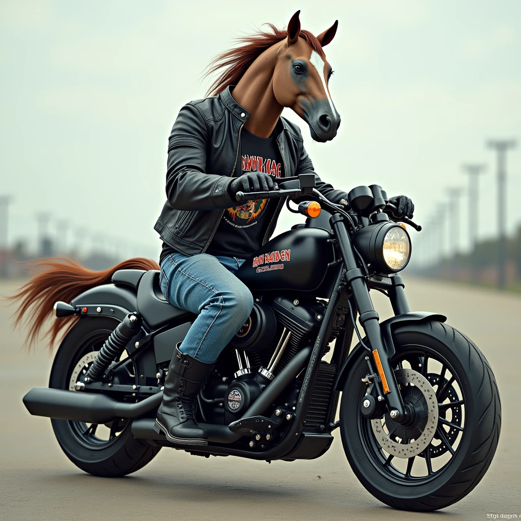 hybrid animal, Horse with a well-defined body, sitting human style, horse&#39;s tail on the body, wearing jeans, Black boots, Iron Maiden rock band shirt, black leather jacket, rock style, riding a super fast Harley motorcycle, well defined wheels, super detailed, high definition, 8k, Canon EOS Rebel T100, Canon EF 85mm F/1.4L IS USM, wide plan