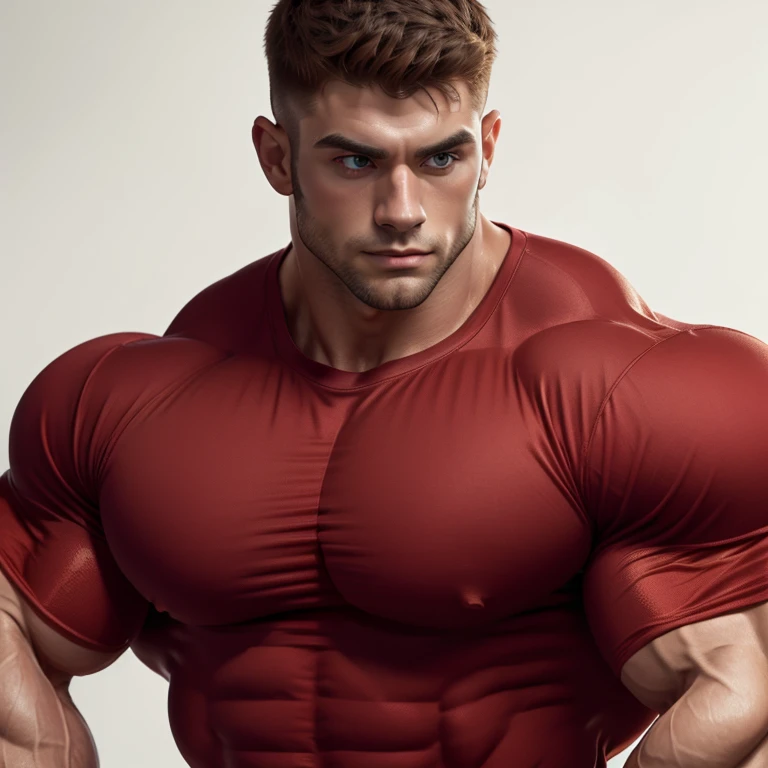 A very handsome, muscular man wearing a red compression shirt, overly muscular, overly huge muscles, overly huge biceps, on a white background, close up portrait, staring