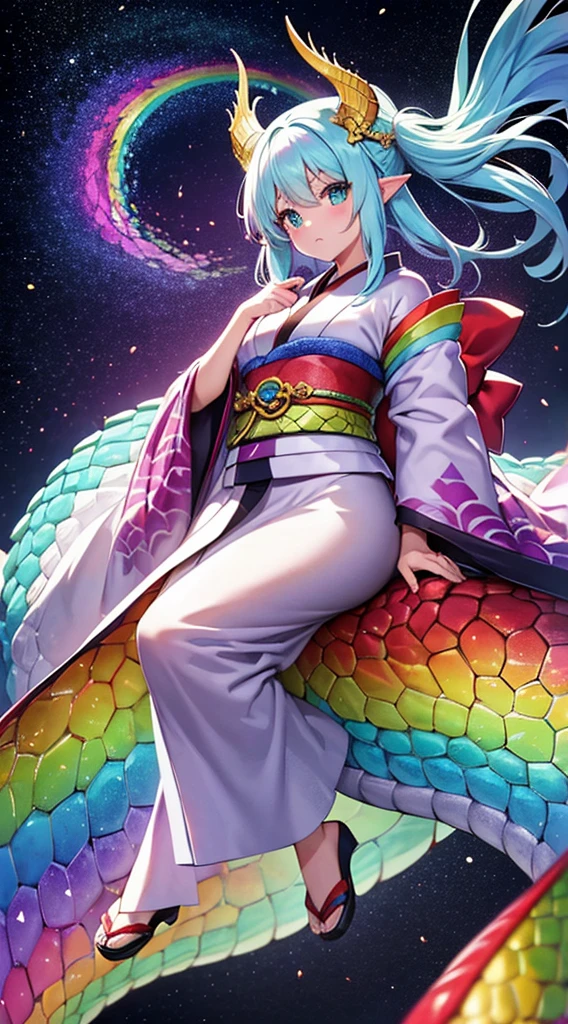 (majestic dragon woman, iridescent scales, flowing rainbow hair) (human-dragon hybrid, elegant kimono, ethereal aura) BREAK
(shimmering rainbow bridge, swirling clouds, celestial background) BREAK
(digital art, anime style, high fantasy, vibrant colors) BREAK
(full body shot, centered, bridge stretching into distance) BREAK
(soft diffused light, prism effect, rainbow reflections) BREAK
(sense of transformation, balance between two worlds, ethereal beauty)