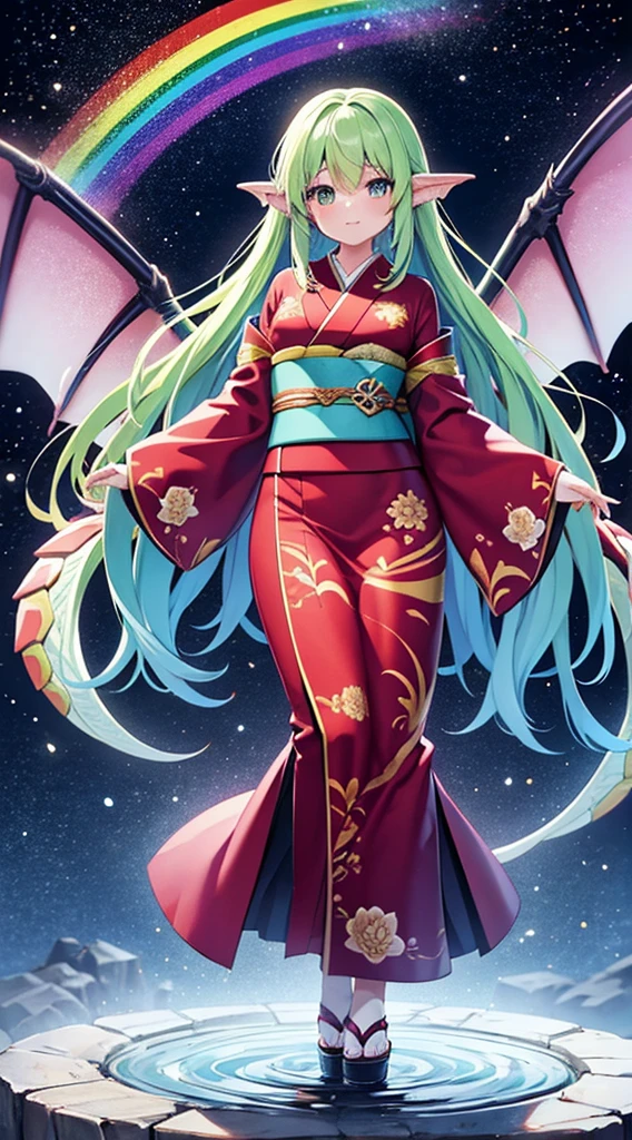 (majestic dragon woman, iridescent scales, flowing rainbow hair) (human-dragon hybrid, elegant kimono, ethereal aura) BREAK
(shimmering rainbow bridge, swirling clouds, celestial background) BREAK
(digital art, anime style, high fantasy, vibrant colors) BREAK
(full body shot, centered, bridge stretching into distance) BREAK
(soft diffused light, prism effect, rainbow reflections) BREAK
(sense of transformation, balance between two worlds, ethereal beauty)