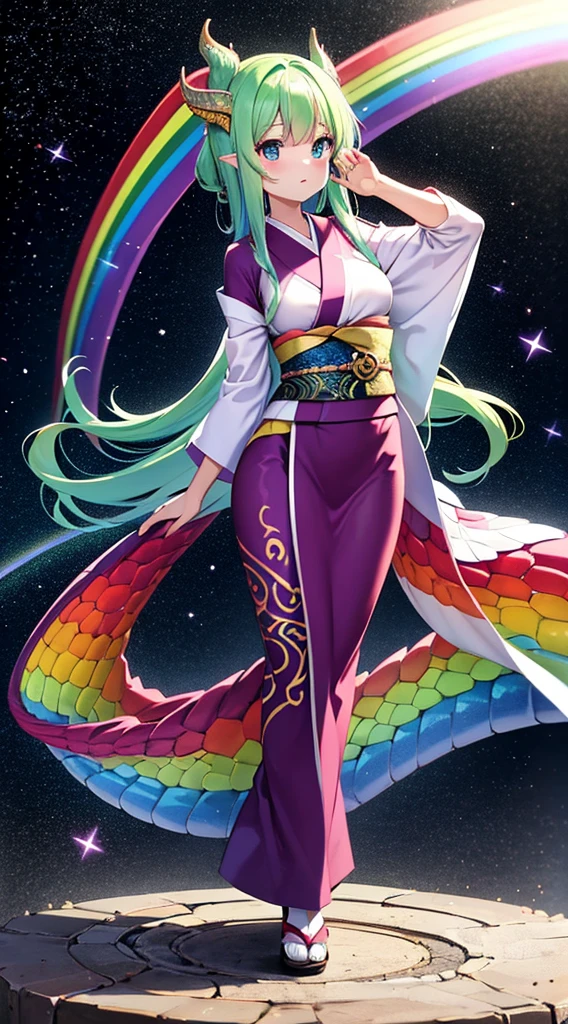 (majestic dragon woman, iridescent scales, flowing rainbow hair) (human-dragon hybrid, elegant kimono, ethereal aura) BREAK
(shimmering rainbow bridge, swirling clouds, celestial background) BREAK
(digital art, anime style, high fantasy, vibrant colors) BREAK
(full body shot, centered, bridge stretching into distance) BREAK
(soft diffused light, prism effect, rainbow reflections) BREAK
(sense of transformation, balance between two worlds, ethereal beauty)