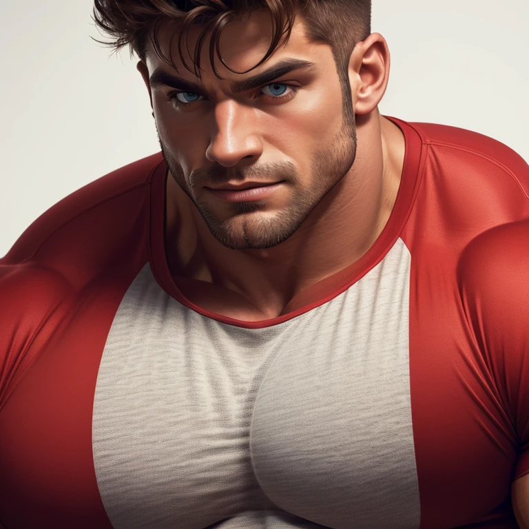 A very handsome, muscular man wearing a red compression shirt, overly muscular, overly huge muscles, overly huge biceps, on a white background, close up portrait, staring