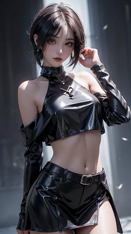 short black hair with a strand of hair covering his right eye a little, piercing in her lip and piercing on the left side of her nose, black lipstick and eyeliner, slightly pale skin, black painted nails, short black long sleeve blouse, Bare torso with navel piercing, skirt with black chains above the middle of her legs, black knee high stockings, high black brooch boots
(High quantity, perfect anatomy, extra detailed)
