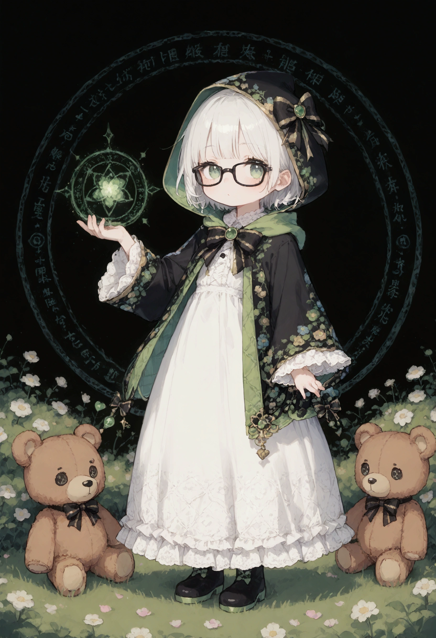 
Sepia brown filter, ((((((text saying “REBOOT”)))))), 1girl\(cute,little kid, white skin, pale skin,((wearing ((simple)) black hood\([no ear]\))) , black robe\(hood,beautiful gorgeous white embroidery with many detailed flower pattern\), ((white frilly dress)), (((wearing black glasses))), (((green Jade eyes))), black long boots, white hair, bangs, short bob hair, holding magic stick, using magic,\) standing at side looking at magic circle, ((1teddy bear\(brown, small, fluffy, cute black bow around neck, cute pose, familiar sprit\) standing)), a big shining magic circle\(Beautiful geometric patterns\) on the center of the ground\(so many beautiful colorful petals are overflowing with many beautiful sparkles\), happy atmosphere,better hand