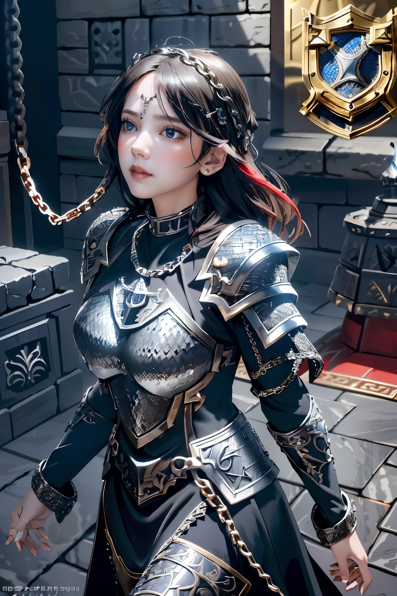 (masterpiece, best quality),  intricate details, 8k, artstation, wallpaper, official art, splash art, sharp focus,
1girl,  solo,  Aasimar \(Dungeon and Dragon setting\), black hair with blond at the highlight, bright blue left eye, and red right eye, ear pierces
,(Chain mail with Anvil emblem on it:1.3), ,wearing [armor|dress], 