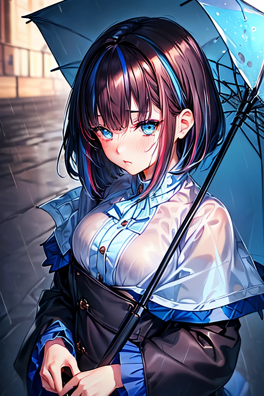 full body, (masterpiece, ultra quality:1.2, 4k, beautiful),(1girl, umbrella, rain, (Secret Illustration,(cute, fair skin, (black Hair, inner blue hair:0.4, short medium hair, hairs between eyes) ,(Blue streaked hair),blue eyes, blush stickers) ,BREAK, (Detective) ,(Shine, Sophisticated)))