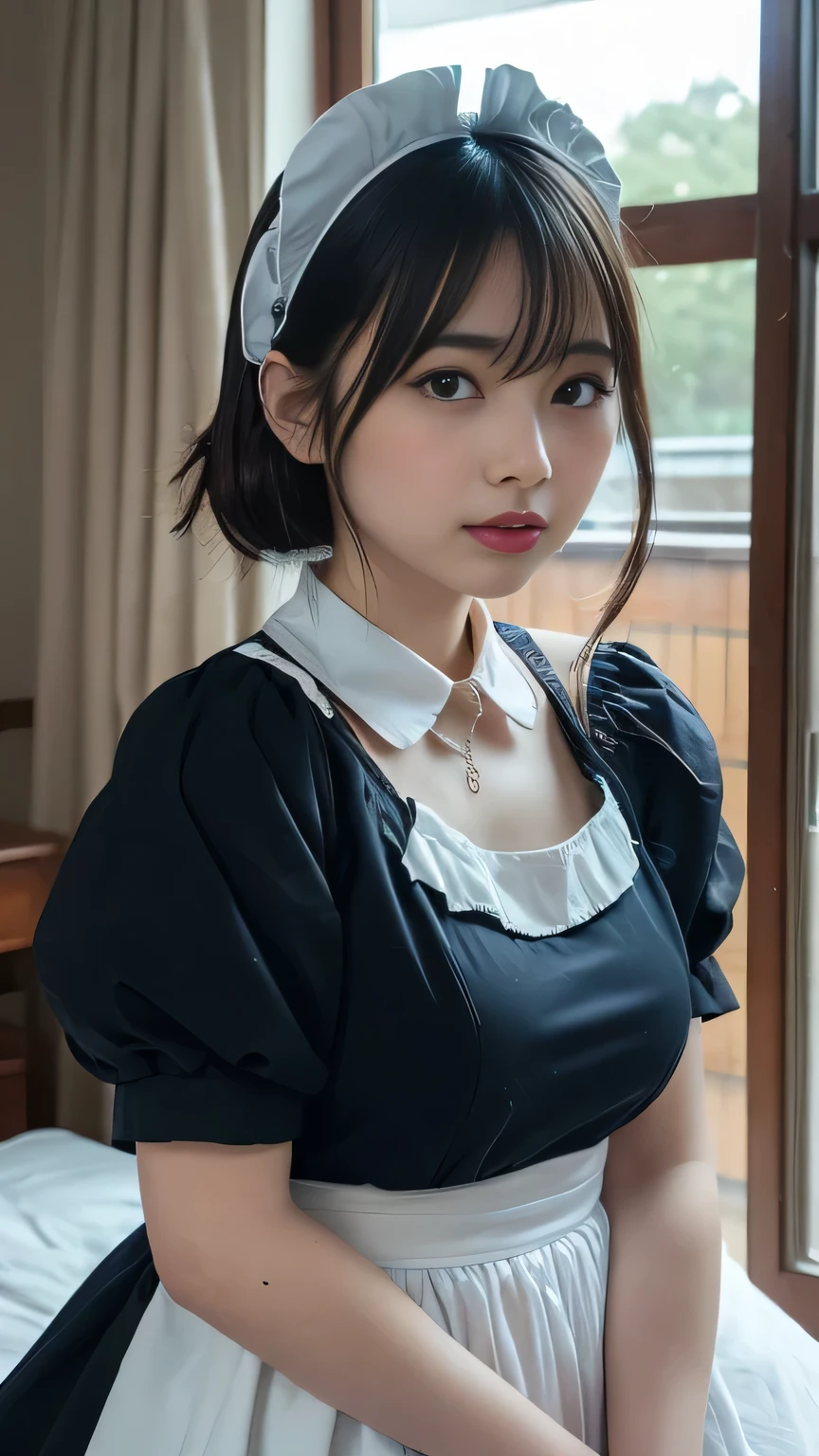 (surrealism, Raw photo, NIKON, 8K, Super Detail, masutepiece, high details, Anatomically correct, Intricate details, super detailed, Realistic lighting),
(Japanese Models, Japanese high school girl, Japanese ido, 16 years old, slim waist and busty body, Haruka Fukuhara, Hinano Himeno),
((Highly accurate human body, Highly detailed face, Realistic skin, Sister girl, Affectionate and cute, Cute Girl, Surreal Girl, really cute, Cutest:1.2)),
((Black hair, Short bob cut, see-through bangs, one small earring, Round face, Eyebrows downwards, Light blush, Look at viewers:1.1)),
(Look at the viewer),
((Crying face, Deep sadness, shed tears, Expression of sadness, cry and cry, Tears overflow from the eyes, begging forgiveness, cry and beg, Open mouth, Part Lip)),
(Black Maid Outfit), Natural lighting