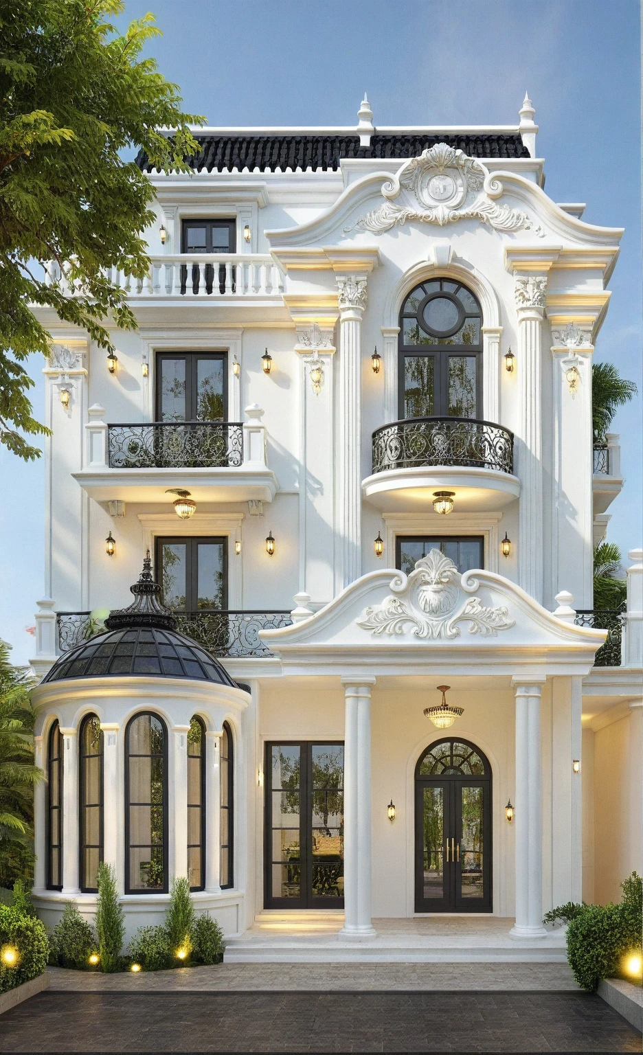 neo classical villa on street, (daylight), tropical tree, vivid colour, streetcapes, white tone, black detail, white wall, large glass door, warm interior lighting, best quality, masterpiece, ultra realistic