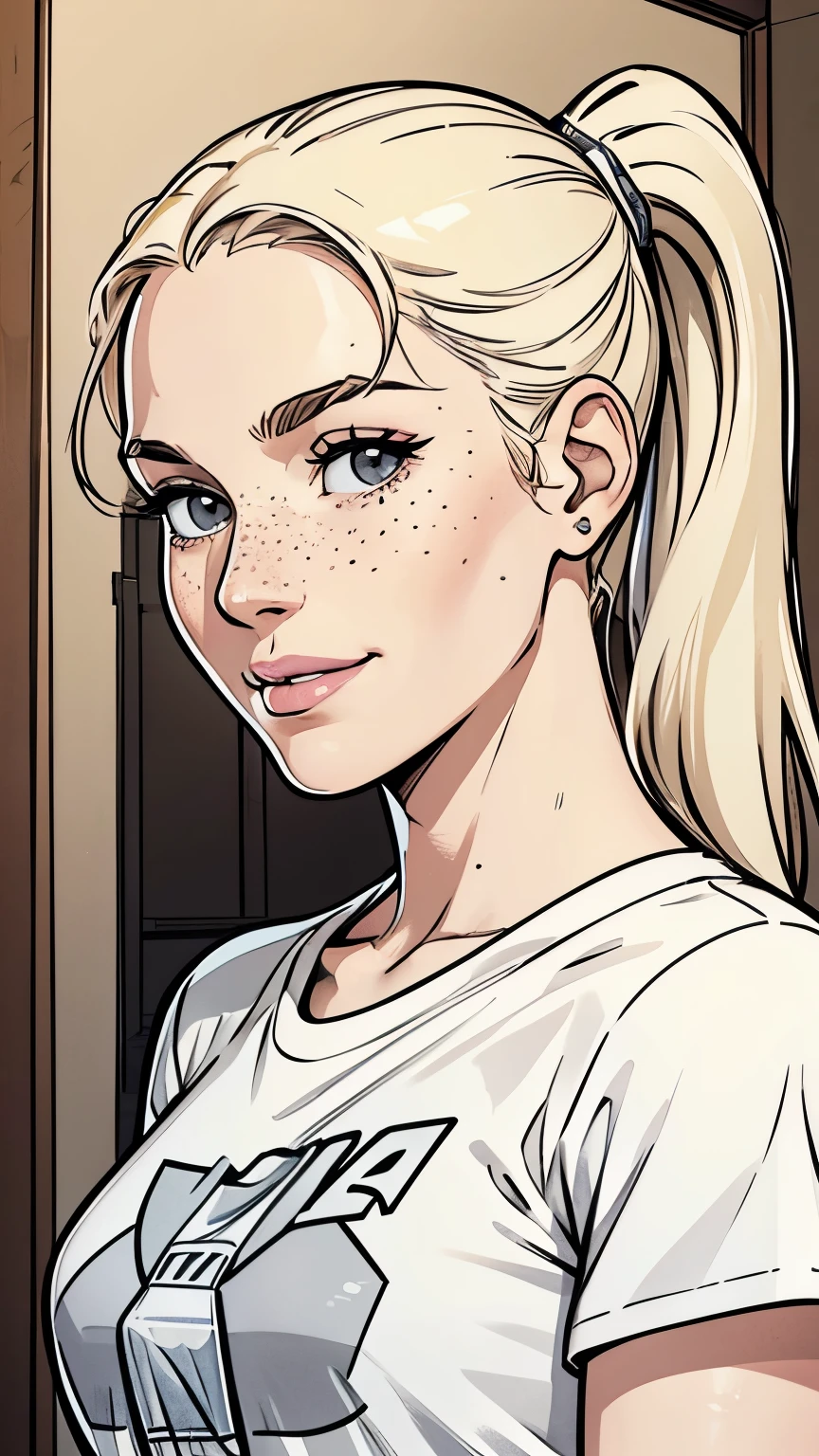 Woman, Americana, Age 30, pale skin and freckles, gray eyes, delicate nose, soft and delicate lips, far away, blondie ponytail, sweet smile, face with delicate feminine facial features, highly rendered, NY Knights tshirt