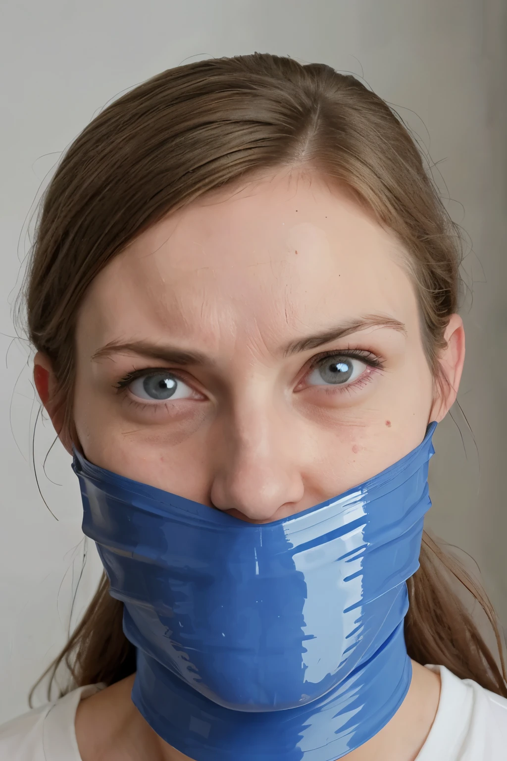 german woman, improvised gag, tape gag, gagged, panicking, blue vinyl tape, scared 